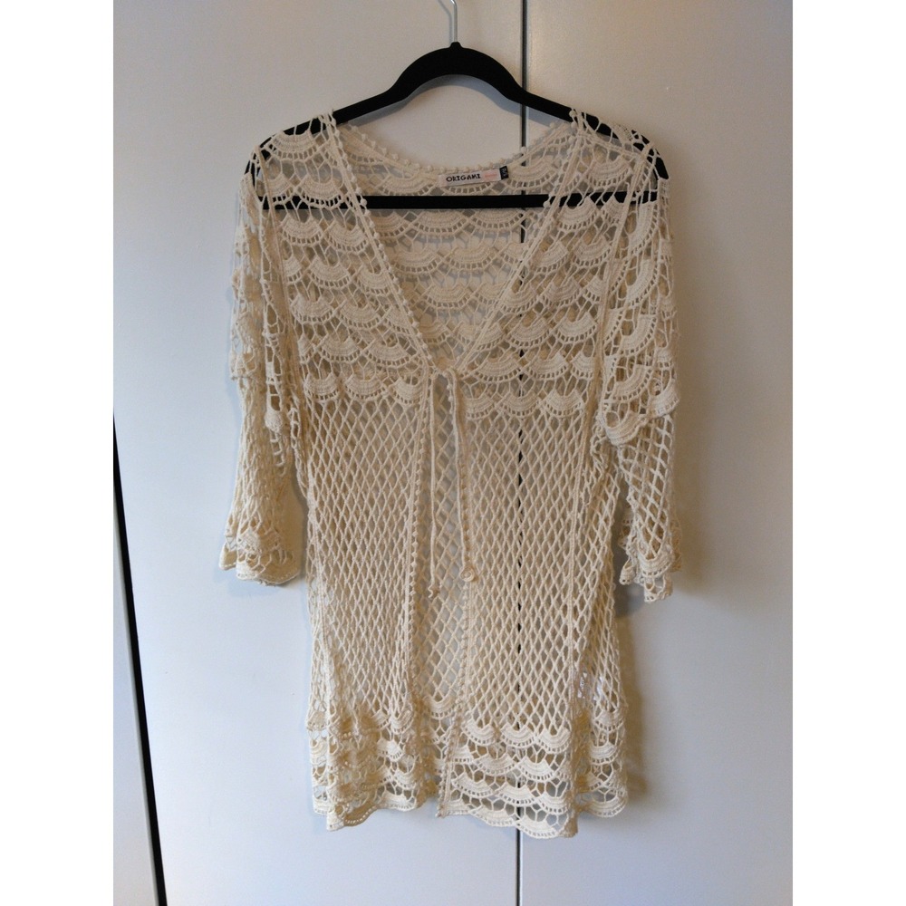 Womens Crochet Tie Front Boho Duster Size S/M Coastal Resort Festival Euro Girl